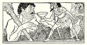 Odysseus nabízí pohár vína obrovi Polyphemus (litho)