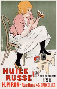 životní styl. Fashio. Ruská ropa, opravy bot. Plakát Armanda Rassenfosse, Belgie, kolem roku 1895 (plakát)