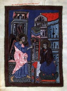 Zvěstování. Archanděl Gabriel navštěvuje Pannu Marii. Iluminace mistra Codexu Matenadaran (13. století), miniatura, akvarel na pergamenu