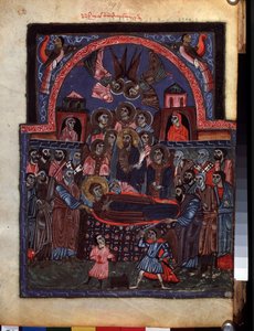 Usnutí Panny Marie. (Usnutí Panny Marie). Iluminace mistra Codexu Matenadaran (13. století), miniatura, akvarel na pergamenu od Armenian School