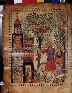 Vjezd Krista do Jeruzaléma (Izrael). Iluminace mistra Codexu Matenadaran (13. století), miniatura, akvarel na pergamenu