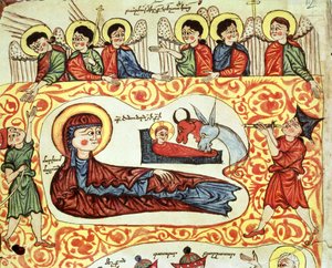 Ms 404 fol.1v Narození Páně, z evangelia