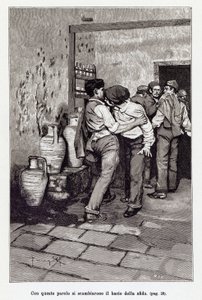 Pozvání na sicilský souboj smrtelným „polibkem“, vlastně kousnutím do ucha. Ilustrace Arnalda Ferragutiho k nové „" Cavalleria Rusticana "" od Giovanniho Vergy. 1897