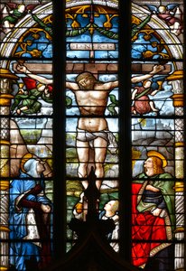 Ukřižování s Pannou Marií, svatým Janem a Máří Magdalenou u paty kříže - Vitráže v kapli Nejsvětější Svátosti, od Arnauda de Moles (1470-1520) dokončena v roce 1513 - Cathedrale Sainte Marie d