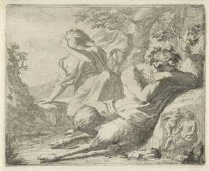 Satyr a ženská postava zakrývají oči před slunečním zářením Scéna soch hříchů otevřena ve službách malířů, držitelů soch atd. (název série) od Arnold Houbraken