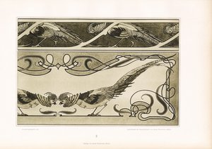 Ornamentální obruby se stylizovanými bažanty a lineárními ornamenty (litografie)