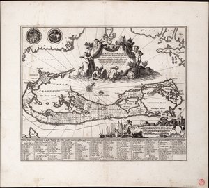 Mappa Aestivarum Insularum alias Barmudas dictarum. Jeden list, rytina. od Arnoldus Montanus