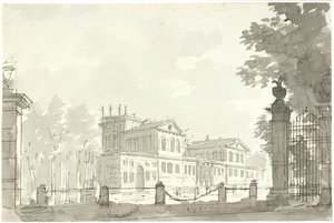 Palác v oploceném parku, t.h. mřížová brána