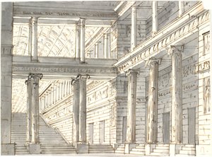 Interiér paláce se sloupy a schodištěm