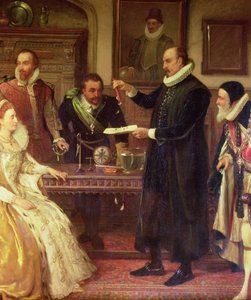 Dr William Gilbert 1544-1603 Ukazuje svůj experiment s elektřinou královně Alžbětě I. a jejímu dvoru, detail Gilberda, olej na plátně z 19. století od Arthur Ackland Hunt