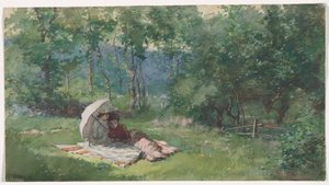 Dvě ženy čtoucí na poli od Arthur Bowen Davies