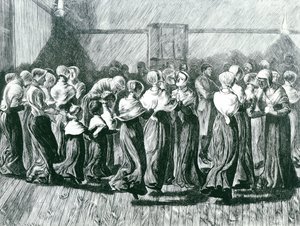 Shakers at a Meeting: the Religious Dance, ilustrace z, The Graphic, publikované 14. května 1870 od Arthur Boyd Houghton