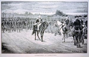 Lord Cornwallis se vzdává Georgi Washingtonovi v Yorktownu
