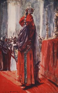 Došel k oltáři, kde ležela koruna: zvedl ji a položil si ji na hlavu, ilustrace z „Historie Německa“ od H.E. Marshall od Arthur C. (after) Michael