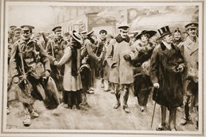 Víkend pryč z fronty: Britští důstojníci a muži na krátké dovolené ze zákopů přijíždějících do Victorie, z „The Illustrated War News“ od Arthur C. (after) Michael
