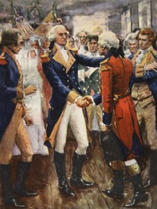 Washington se rozchází se svými důstojníky, ilustrace z „Tato naše země, Příběh Spojených států“ od H.E. Marshall od Arthur C. (after) Michael