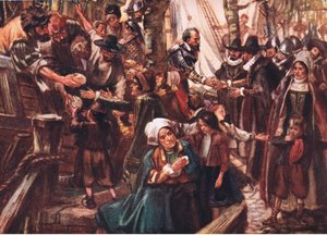 Nábřeží byla lemována hladovějícími lidmi, ilustrace z Romance of History: Nizozemsko, 20. léta od Arthur David McCormick