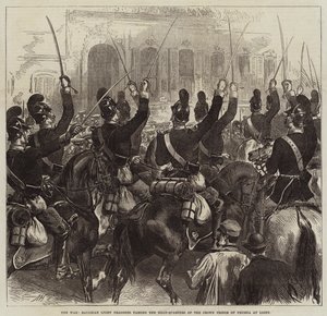 Válka, bavorští lehcí dragouni míjející hlavní čtvrť korunního prince Pruska v Ligny od Arthur Hopkins
