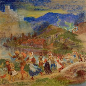 Vesničané prchající před drakem od Arthur Hughes