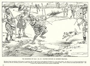 Počátek golfu, golfisté narušují lukostřelbu (litografie) od Arthur Moreland