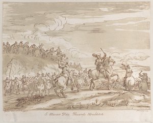 Jízda postupující k útoku, s ústřední postavou na koni zvedající meč, 1735., 1735.