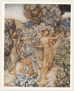 ACT IV: Scéna I, řádek 132 Přijďte, mírné nymfy, a pomozte oslavit Smlouva pravé lásky. Prospero instruuje Ariel, aby nechala křiklavé oblečení na stromě, aby muže pokoušela. od Arthur Rackham