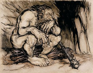 A Most Terrific Giant, ilustrace z anglických pohádek, vydaná v roce 1918 (pero a inkoust a wc na papíře) od Arthur Rackham