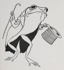 Žába nosí cylindr a ocasy, nesoucí hůl. od Arthur Rackham