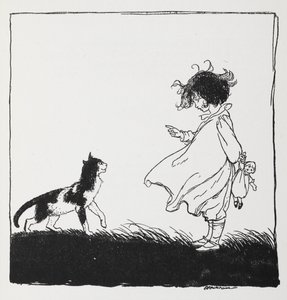Dívka s panenkou říká své kočce. od Arthur Rackham