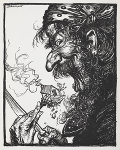 Velký muž jí malou dámu a její dům. od Arthur Rackham