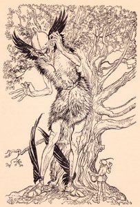 Strašný chlapík poloviční jako strom, u kterého stál. Ilustrace Arthura Rackhama z Grimmovy pohádky Duch ve skleněné láhvi. od Arthur Rackham