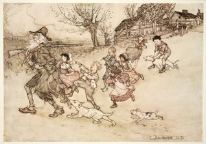 V patách mu běžela tlupa podivných dětí, houkaly za ním a ukazovaly na jeho šedivé vousy., od Rip Van Winkle od Washington Irving, hospoda. 1910 od Arthur Rackham