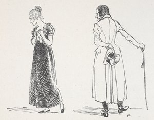 Mladý pár se hádal, žena se odvrátila a svírala si na hrudi kapesník od Arthur Rackham