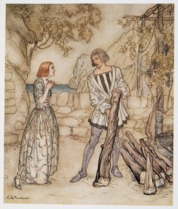 Běda, prosím, nepracujte tak tvrdě, ilustrace z Bouře Williama Shakespeara, hospoda. 1926 od Arthur Rackham
