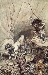 „Alberich jede v tlupě Nibelungů se zlatými a stříbrnými poklady“, 1910. od Arthur Rackham