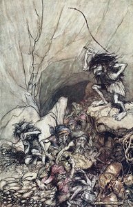 Alberich jede ve skupině Niblungů obtěžkaných zlatým a stříbrným pokladem. Ilustrace pro The Rhi od Arthur Rackham