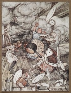 Alice v kuchyni s vévodkyní, kuchařem a kočkou Cheshire od Arthur Rackham