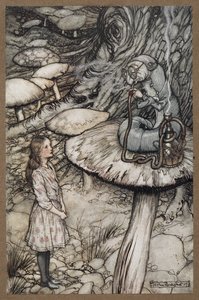 Alice mluví s housenkou, která sedí na houbě a kouří dýmku od Arthur Rackham