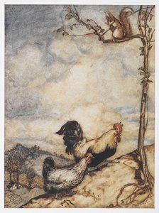 Ilustrace slepice, kohouta a veverky z Dobrodružství Chanticleera a Partleta. od Arthur Rackham