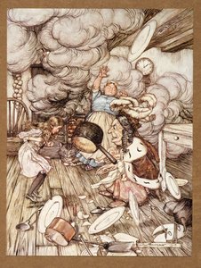 Neobvykle velký rendlík letěl těsně vedle něj a málem ho odnesl z Alices Adventures in Wonderland, Lewis Carroll, pub.1907 od Arthur Rackham
