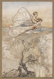 ... A její víla ho poslala, aby ho přinesla do mého altánku v pohádkové zemi.“ Víla odletěla s Changlingem. Scéna ze „Snu noci svatojánské“. od Arthur Rackham