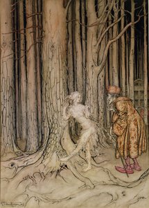 Konečně potkala ženicha, který se pomalu vracel, ilustrace pro Fitchers Bird, od Bratříčka, sestřička, od bratří Grimmů, 1917 (wc a pero a inkoust na papíře) (viz také 28797) od Arthur Rackham