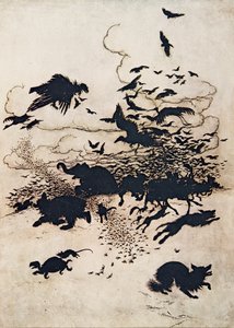 Při třetím bodnutí Liška zaječela a sjela mu ocasem mezi nohy..., z hospody Pohádky bratří Grimmů. 1909 od Arthur Rackham