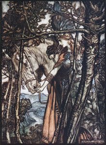 Brünnhilde vede svého koně za uzdu. Ilustrace ke skladbě The Rhinegold and The Valkyrie od Richa od Arthur Rackham