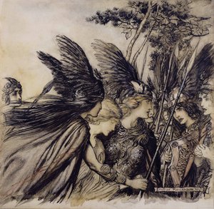 Brunnhilde Implores the Valkyries, ilustrace z The Rhinegold and the Valkyrie, od Richarda Wagnera, vydání z roku 1910 (pero, inkoust a wc na papíře) od Arthur Rackham