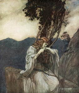 „Brunnhilde líbá prsten, který jí Siegfried zanechal“, 1924. od Arthur Rackham