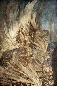 „Brunnhilde na Grane skočí na pohřební hranici Siegfrieda“, 1924. od Arthur Rackham