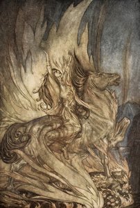 Brunnhilde on Grane skočí na pohřební hranici Siegfrieda, ilustrace z „Siegfried a soumrak bohů“ od Arthur Rackham