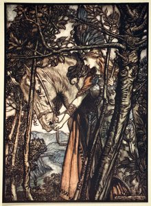„Brunnhilde pomalu a tiše vede svého koně po cestě do jeskyně“, 1910. od Arthur Rackham