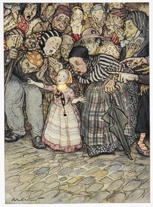 „Ale vůbec nemá nic,“ řekl malé dítě. Barevná ilustrace příběhu „Nové oblečení císaře“. od Arthur Rackham